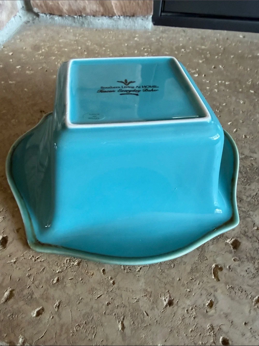 Southern Living At Home Turquoise Stoneware Square Dip Bowl with Flared Rim